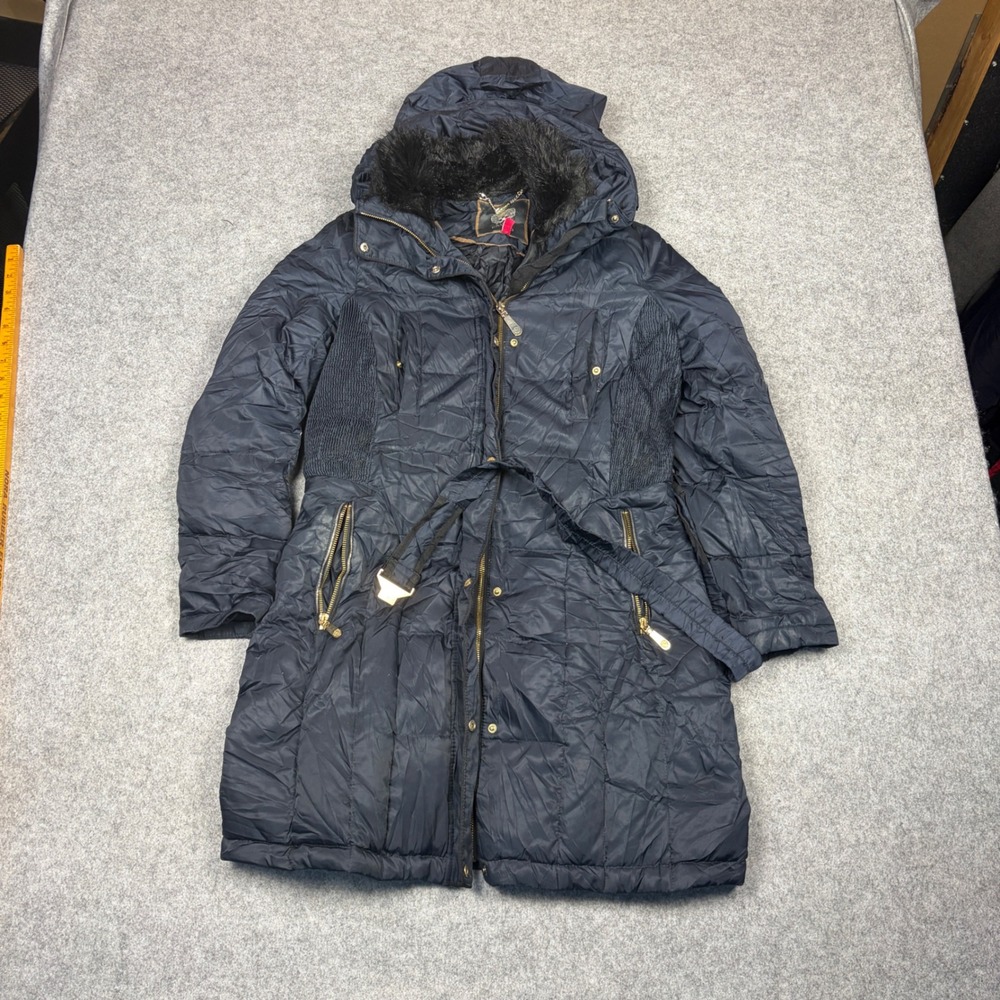 Vince Camuto Navy Blue Quilted Parka Faux Fur Hood Belted Puffer Coat Womens PS